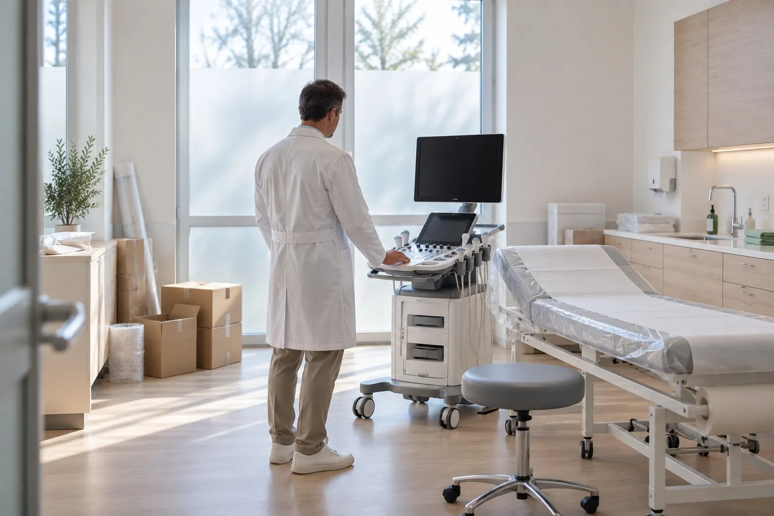 Modernisiertes Behandlungszimmer mit neuem Ultraschallgerät; ein Arzt begutachtet es